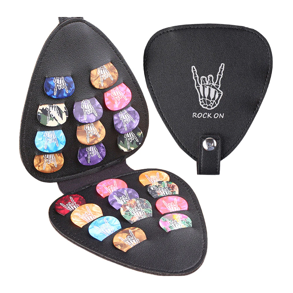 Guitar Picks Holder with 22 Picks Electric Guitar Picks Storage Pouch PU leather Plectrums Bag