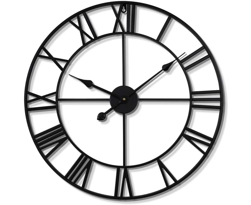 Round Metal Wall Clock Silent Battery Operated Black Roman Numerals Clocks for Living Room Bedroom Kitchen Decoration