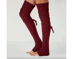 Women Winter Warm Long Leg Cable Knitted Crochet Over the Knee Stockings - Wine Red