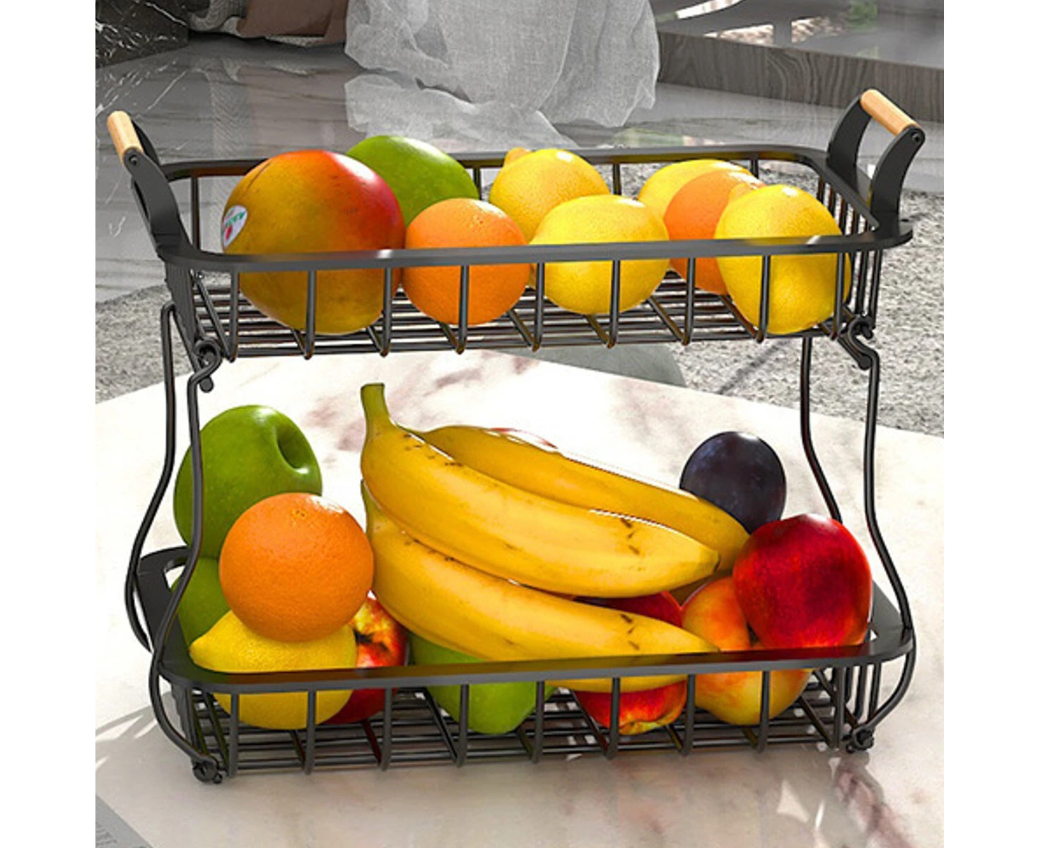 2 Tier Carbon Steel Fruit Bowl for Fruit and Vegetable Kitchen Storage