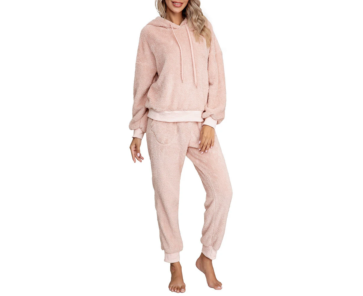 Women Autumn Plush Fluffy Sweatshirt Hoodie Long Pant Trouser Homewear Outfit-Pink