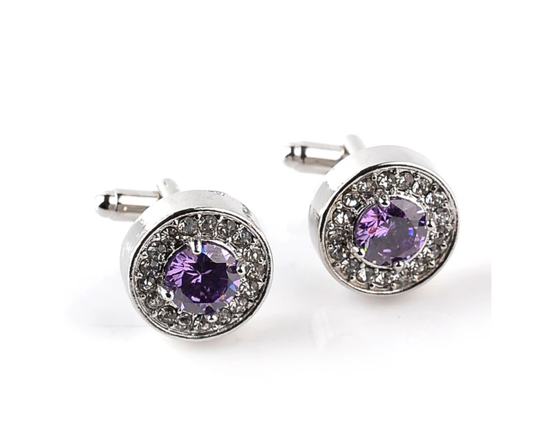 Fashion Shiny Rhinestone Men's Cuff Links Wedding Party Shirt Round Cufflinks-Purple