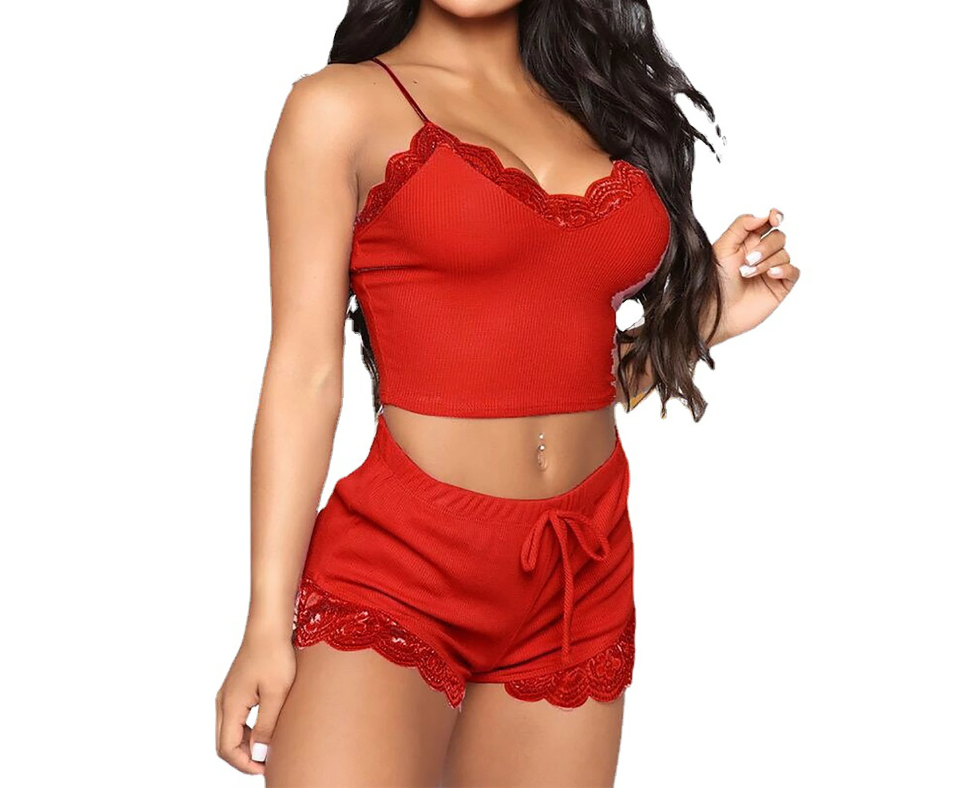 2 Pcs/Set Women Pajamas Set Crop Top Shorts Lace Edge Solid Color Spaghetti Strap Sexy Soft Sleeveless Lady Night Clothes for Sleeping-Red