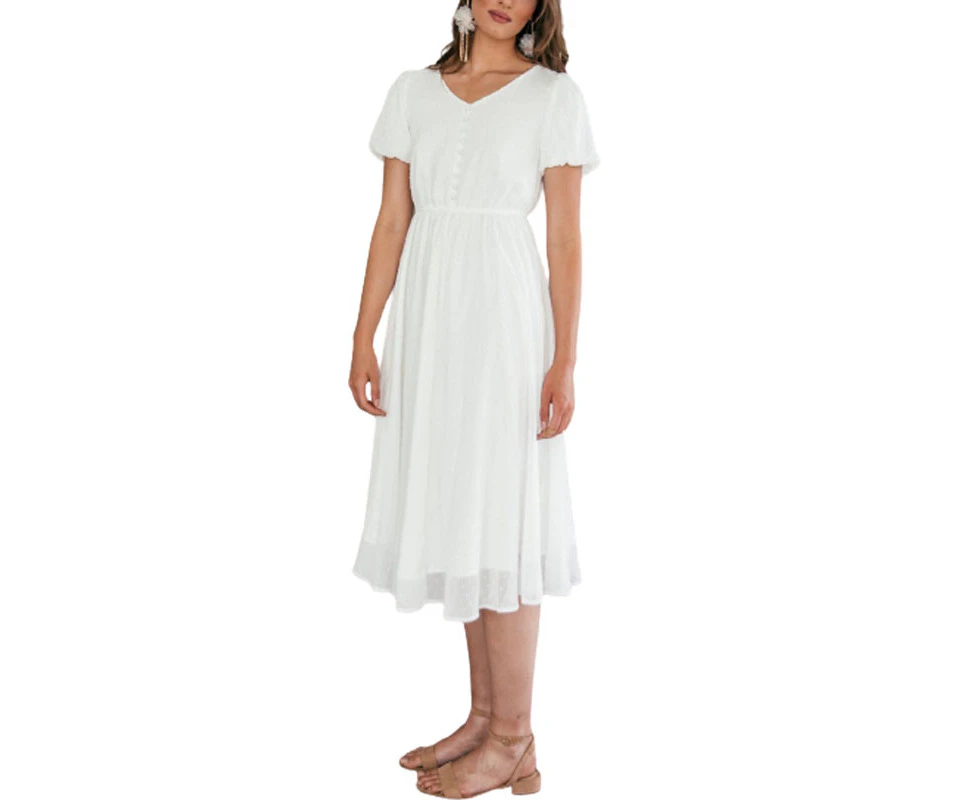 Womens Chiffon Dress with Puffed Sleeves - White - M