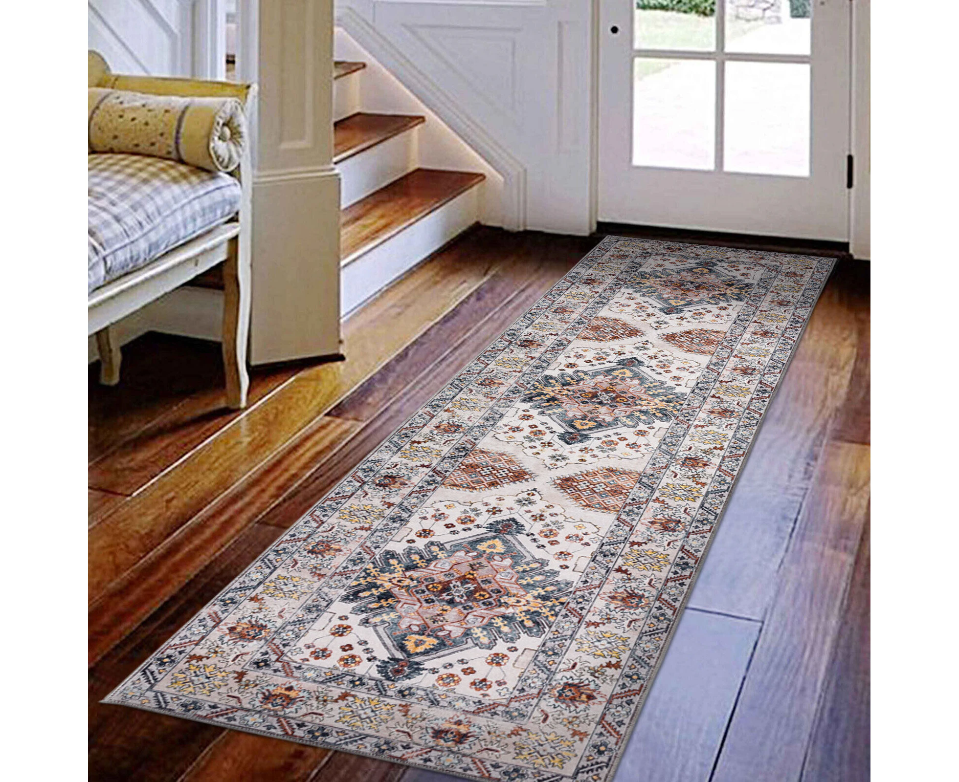 Hallway Runner Ivory Gold Non Slip Allover Blossom Entrance Rug Carpet 80x300cm