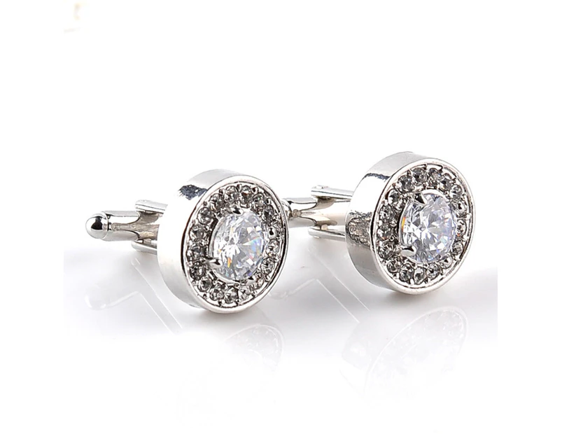 Fashion Shiny Rhinestone Men's Cuff Links Wedding Party Shirt Round Cufflinks-White