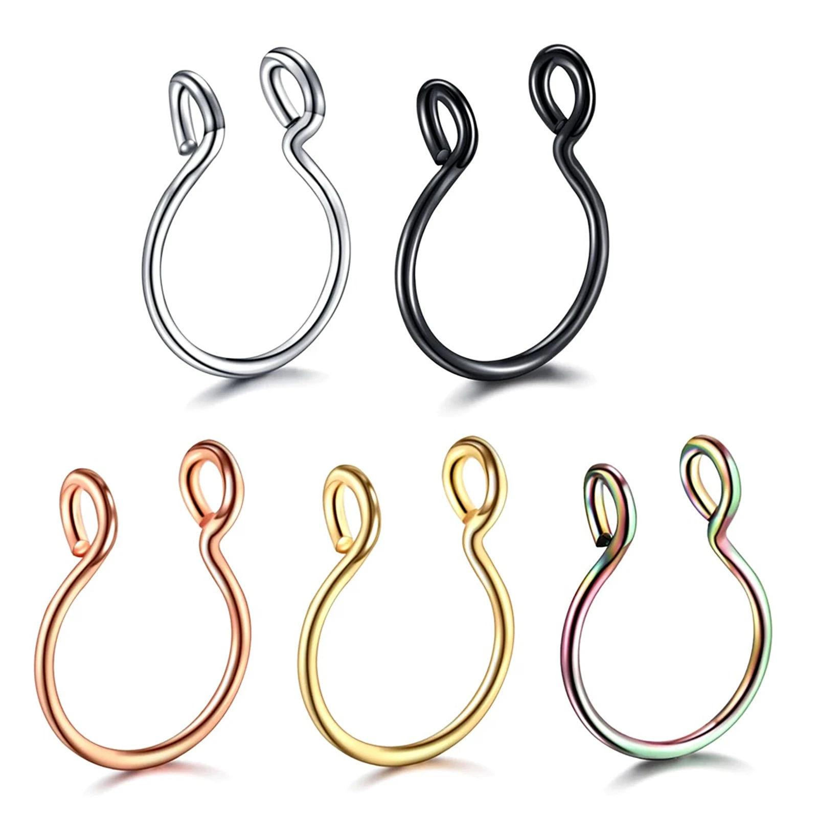 Surgical Steel Unisex Fake Faux Hoop Thin Septum Nose Ring Stud No Piercing Clip - Gold+Silver+RoseGold+Black+Rainbow