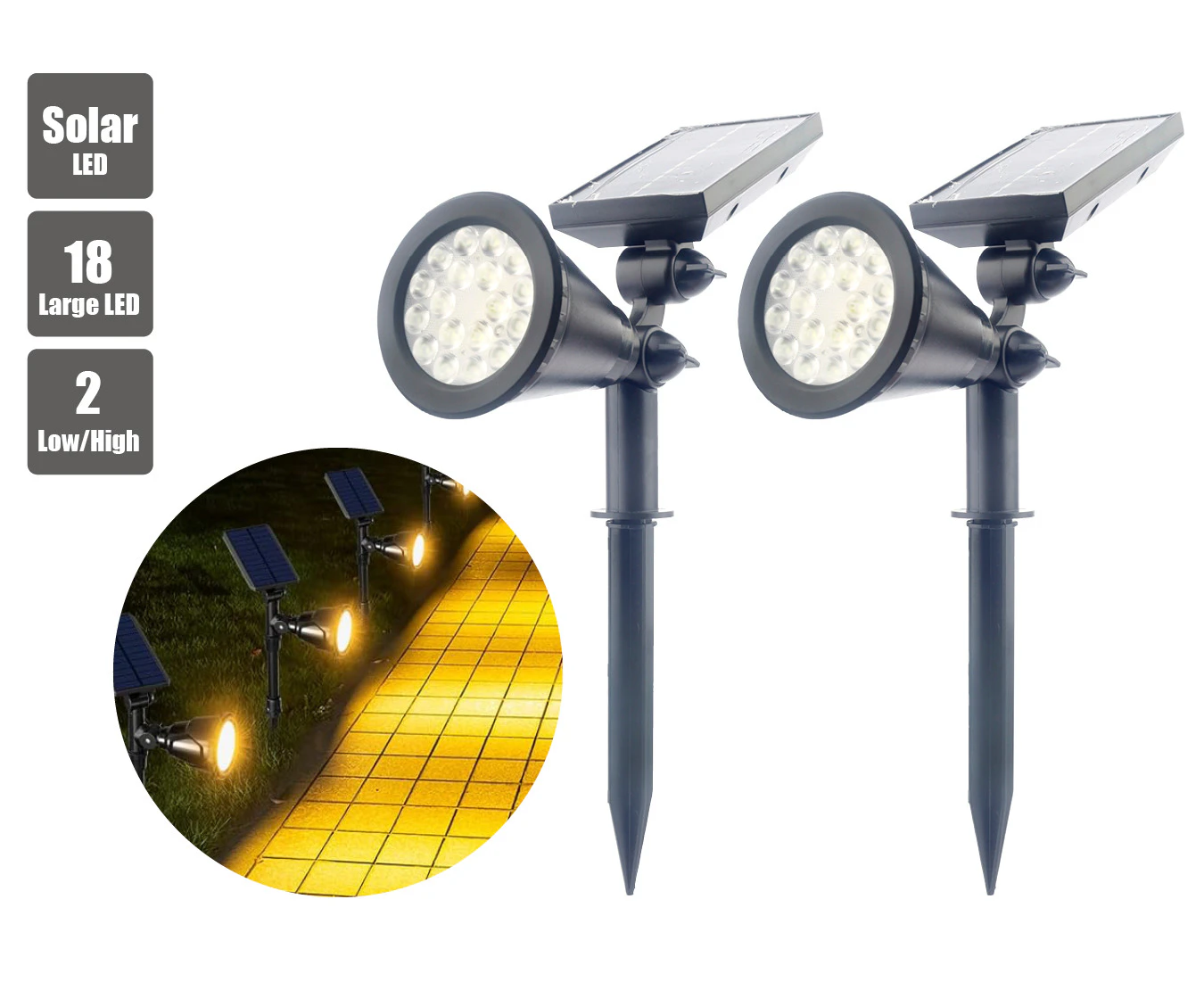 2pk 18 LED Solar Lights Garden Outdoor (Sydney) Pathway Patio Light Lawn Spotlight Landscape Lighting Adjustable Panel  Waterproof