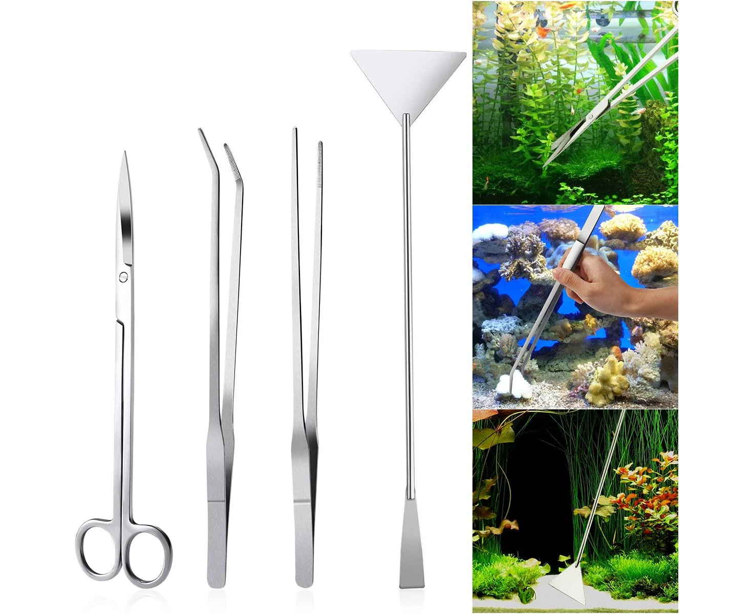 4PCS Stainless Steel Aquarium Tank Aquatic Plant Tweezers and Scissors Spatula Tool Set