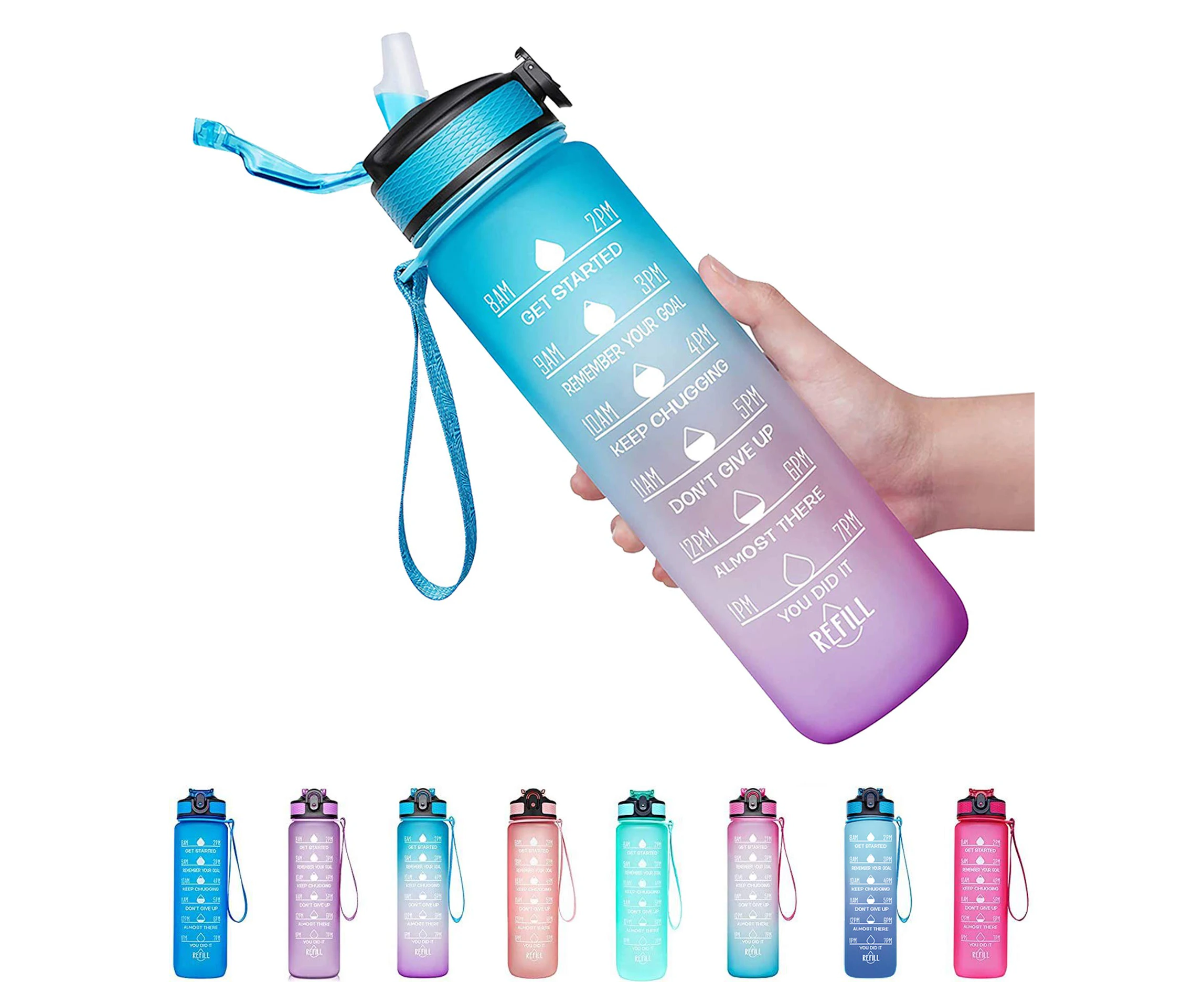 1L Sports Water Bottle Motivational Drink Flask with Time Markings BPA Sport Gym - Blue/Purple