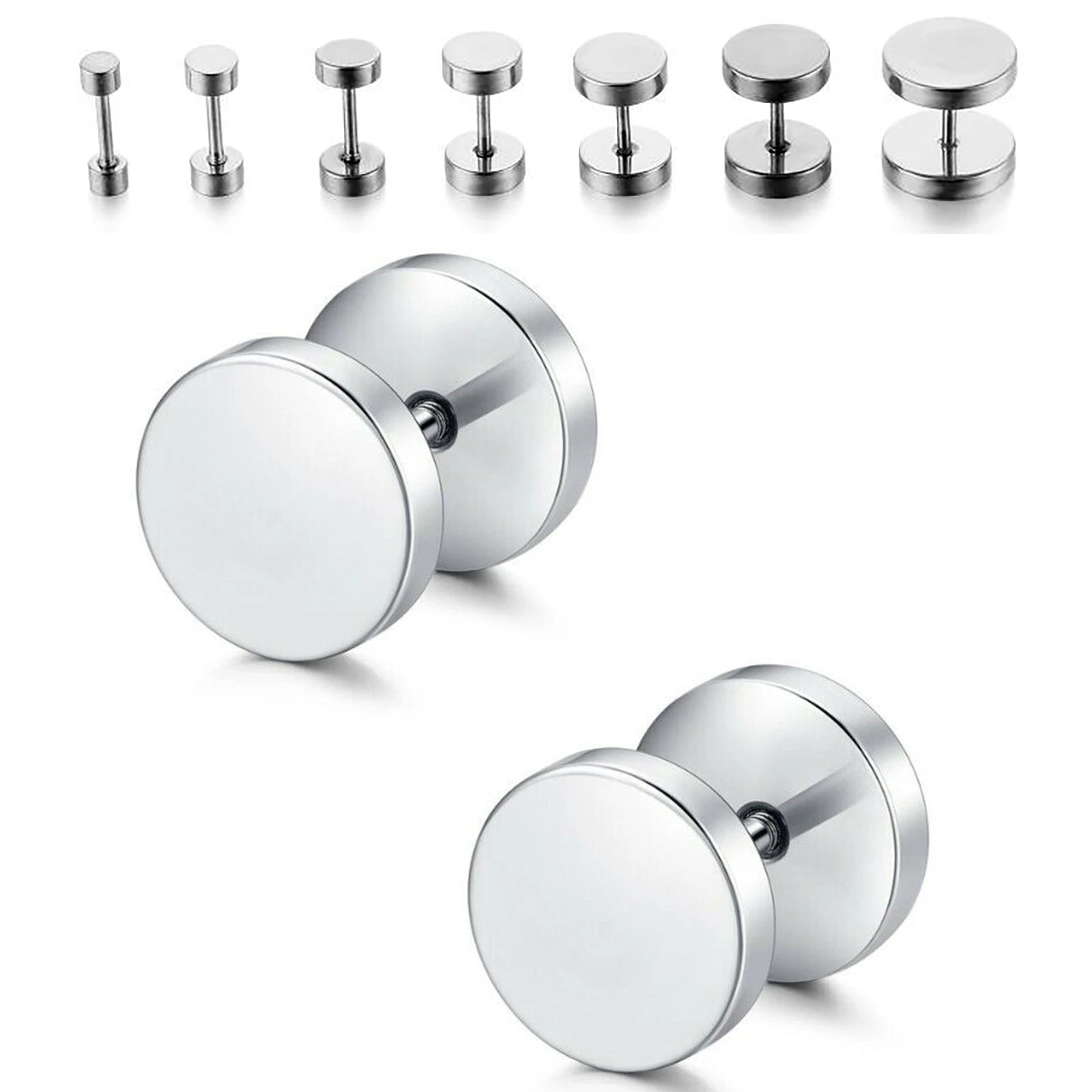 Pair Silver Flat Round Barbell Plug Stud Earrings 316 Stainless Steel Mens Unisex