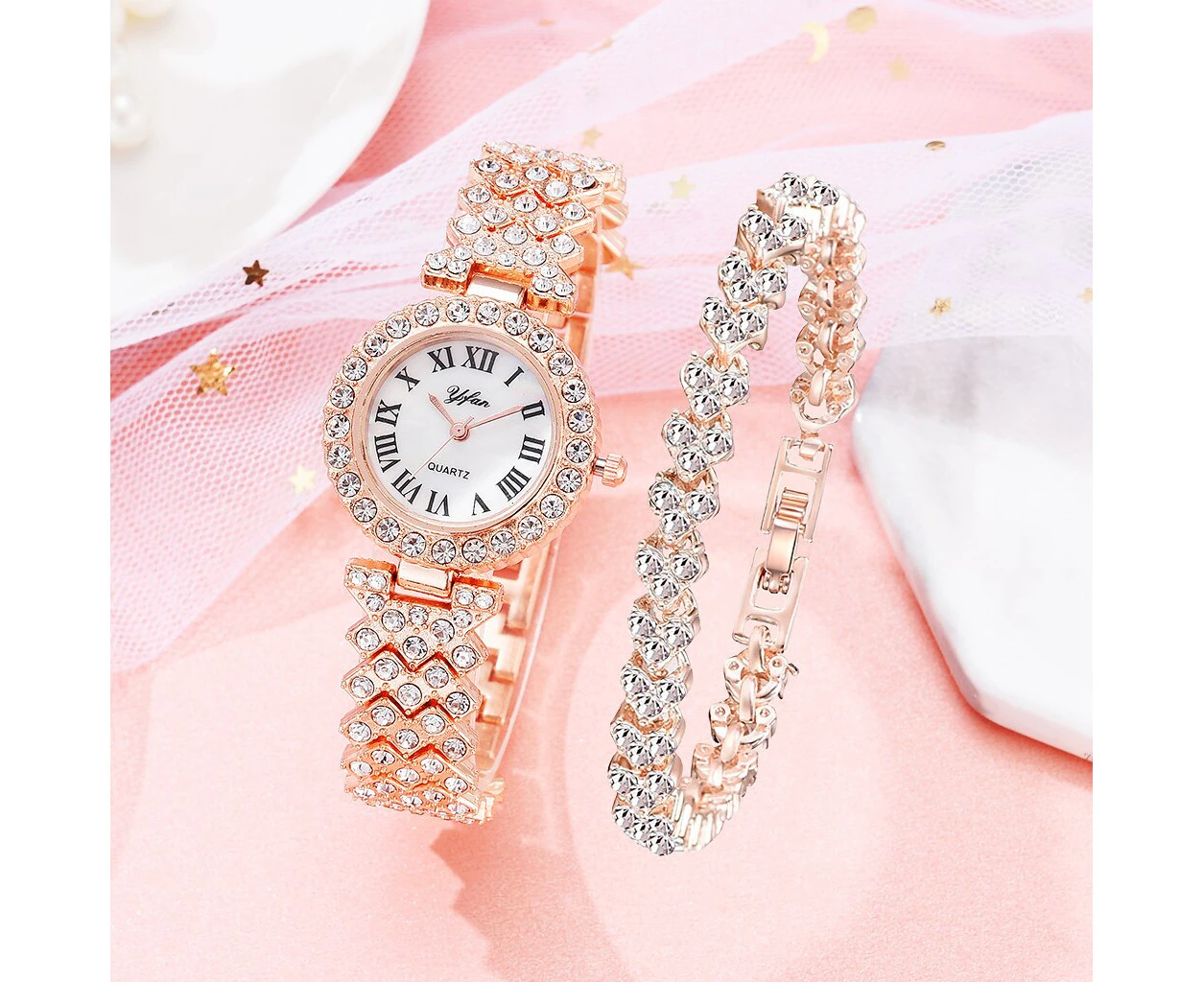 Luxury Women Rose Gold Watch Fashion Ladies Quartz Diamond Wristwatch Elegant Female Bracelet Watched 2pcs Set Reloj Mujer