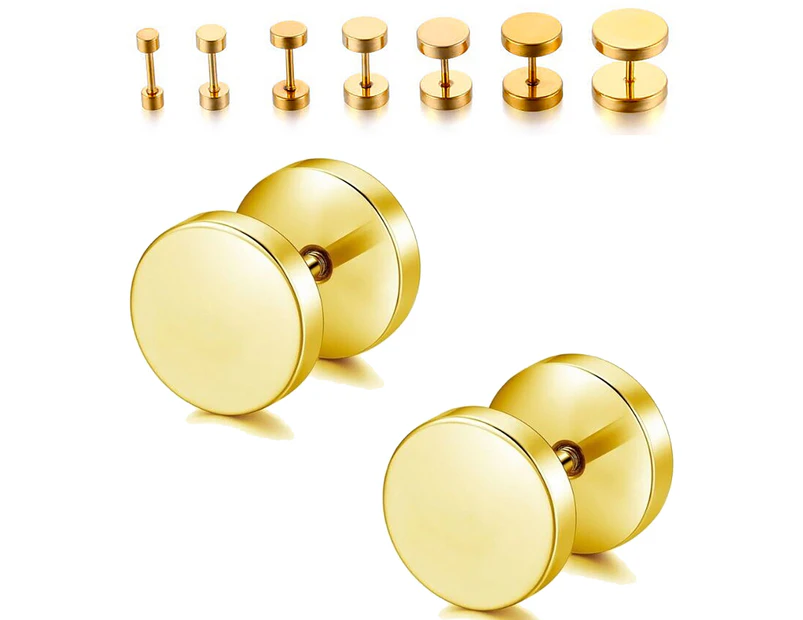 Pair Gold Flat Round Barbell Plug Stud Earrings 316 Stainless Steel Mens Unisex