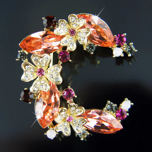 18k Gold GF Diamond simulant with crystals Orange brooch pin