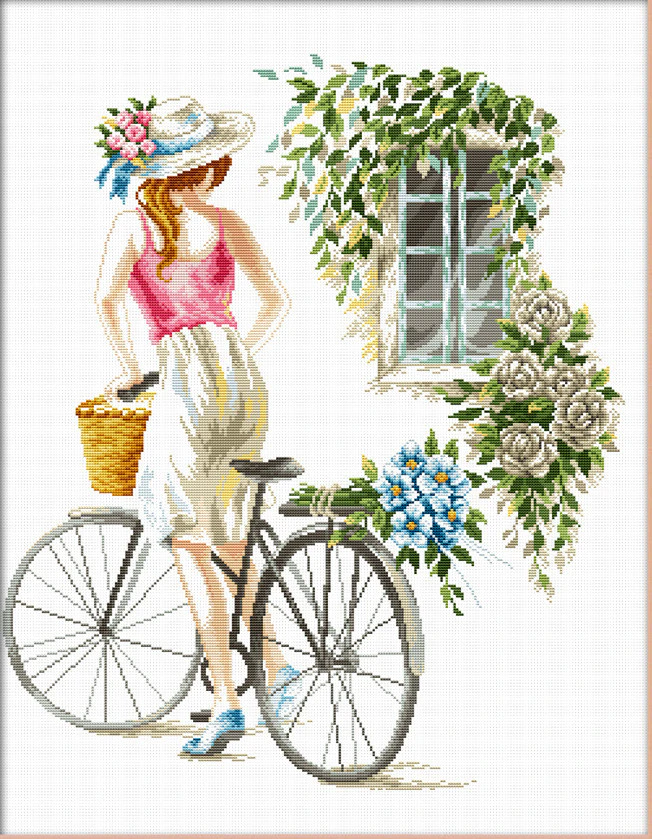 Needleart World No Count Cross Stitch Kit BICYCLE GIRL, 43 x 51cm