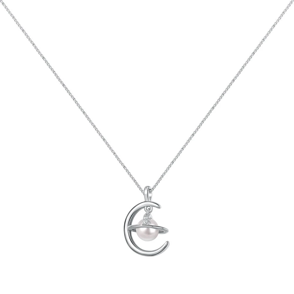 Anyco Necklace 925 Silver for Women Crescent Moon Shape Pearl Pendant Cubic Zirconia 5A Gold Platting Jewelry