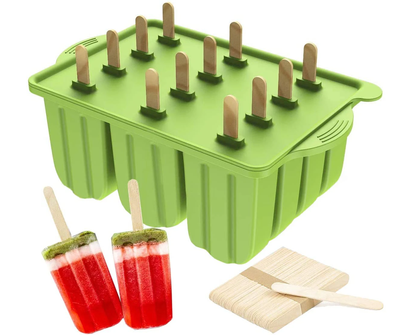 Reusable BPA Free Silicone Popsicle Molds with 50 Wooden Sticks (Green)