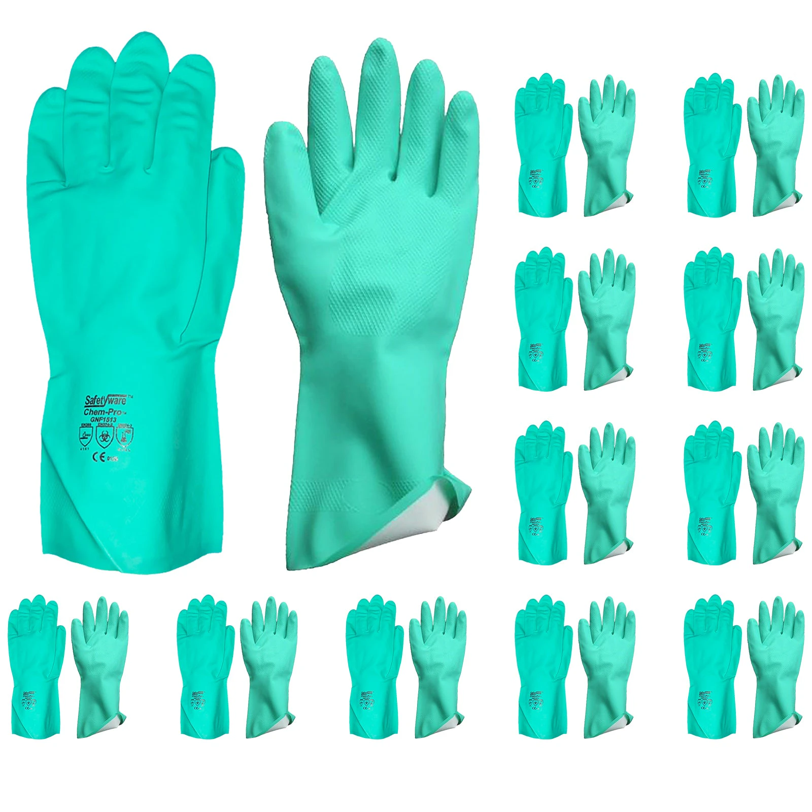 12 Pair Safetyware Chemical Resistant Flocklined Nitrile Safety Work Gloves Bulk 15mil Thick Green for Cleaning Oil Dishwashing Kitchen Mechanic General...