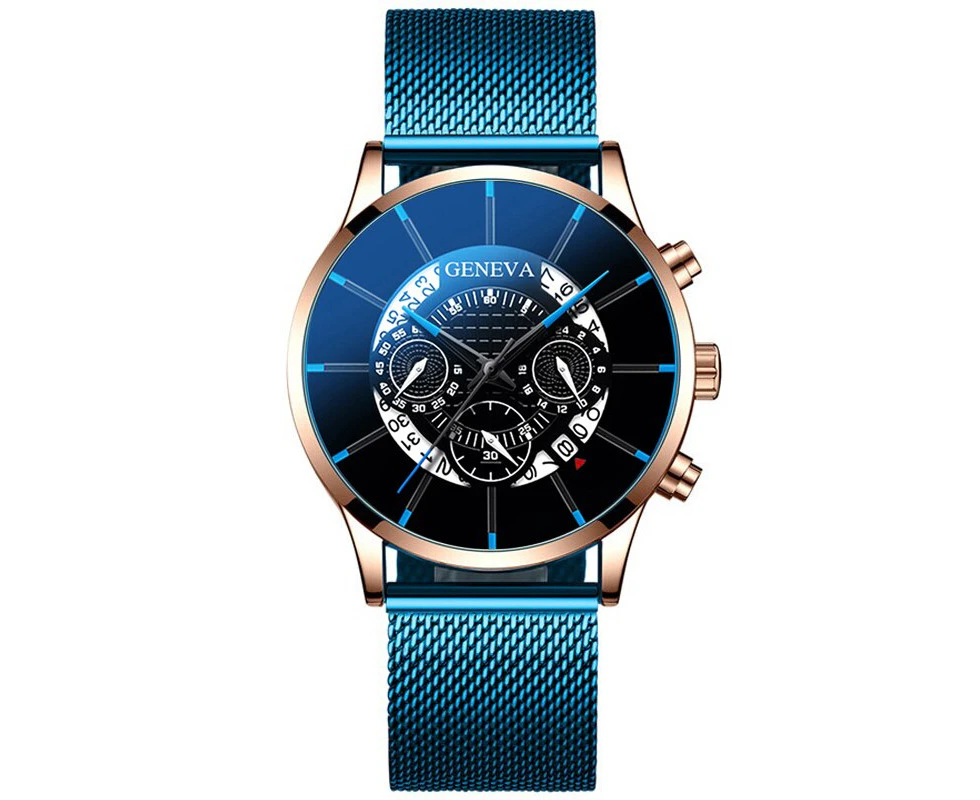 reloj hombre Mens Fashion Business Calendar Watches Blue Stainless Steel Mesh Belt Analog Quartz Wrist Watch relogio masculino - Blue Rose Gold