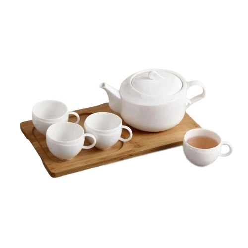 Imperial Curved Style Porcelain Tea Pot with Tea Tray 6pc Set