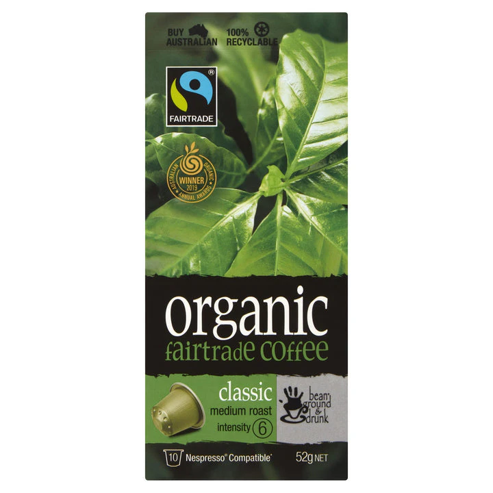 bean ground & drunk  Classic Organic Fairtrade aluminium coffee 10 capsules