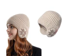 Unisex Winter Knit Earflap Beanie Hat Warm Ear Flap Hat with Knit Brimmed Ski Cap Beige