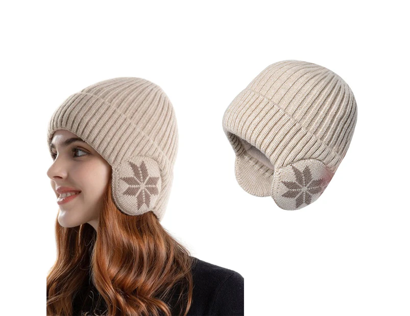 Unisex Winter Knit Earflap Beanie Hat Warm Ear Flap Hat with Knit Brimmed Ski Cap Beige