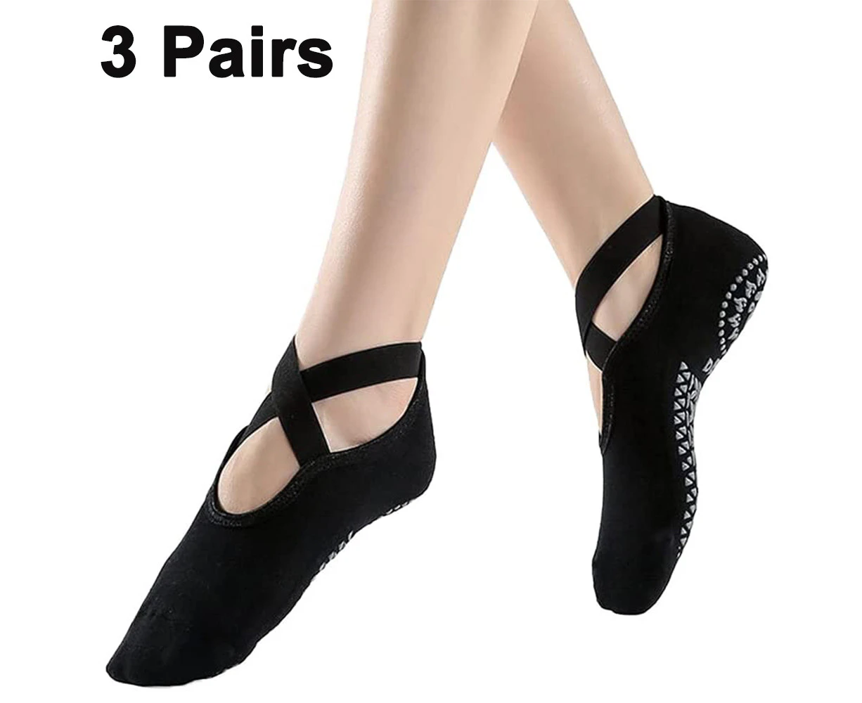 3 Pairs Yoga Socks for Women Non-Slip Grips & Straps,Ideal for Pilates - Black