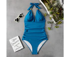 Womens Halter Padded Monokini Tummy Control Swimming Costume Swimwear Swimsuit - Blue