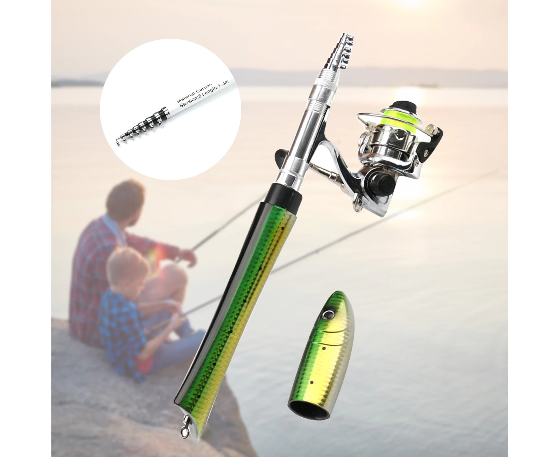 1.4m Carbon Portable Mini Fish Shape Telescopic Fishing Rod Spinning Reel Kits