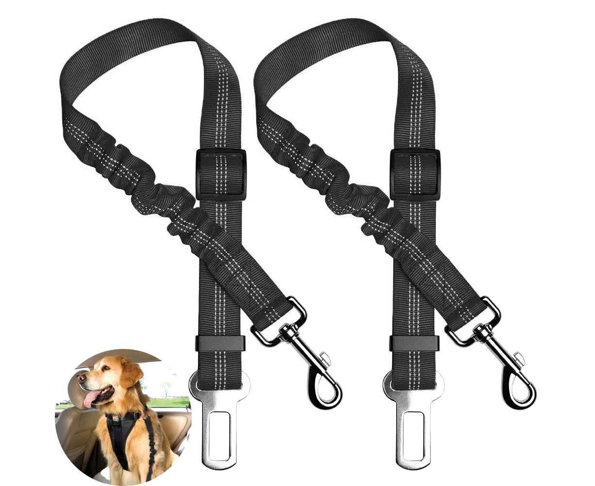 Dog Seat Belt, 2 Packs Adjustable Pet Car Seatbelt Elastic & Durable Dog Car Harness Reflective Nylon Vehicle Safety Belt - Black