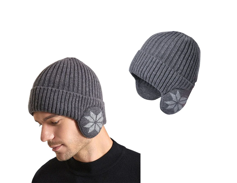 Unisex Winter Knit Earflap Beanie Hat Warm Ear Flap Hat with Knit Brimmed Ski Cap Gray