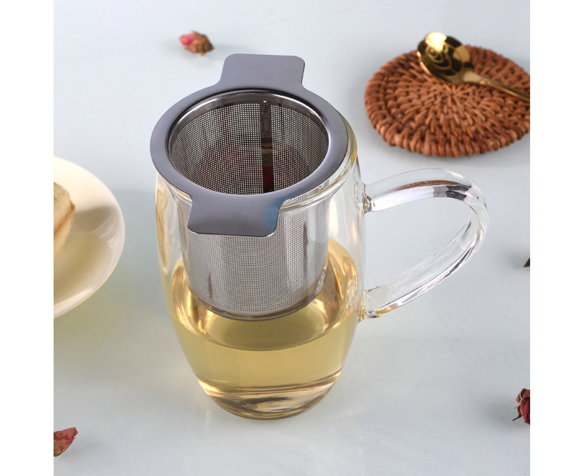 Tea Infuser Dual Handles Heat Resistance Stainless Steel Teapots Mugs Cups Mesh Strainer for Home-Silver