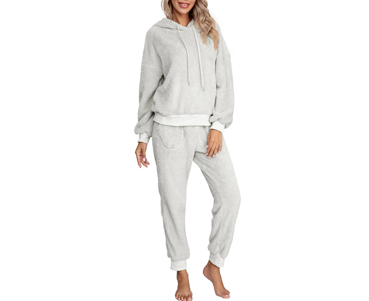 Women Autumn Plush Fluffy Sweatshirt Hoodie Long Pant Trouser Homewear Outfit-Light Grey