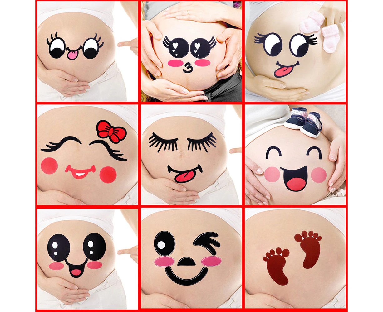 2Pcs Cute Cartoon Expression Pregnant Facial Stomach Belly Sticker Photo Prop-Random Color