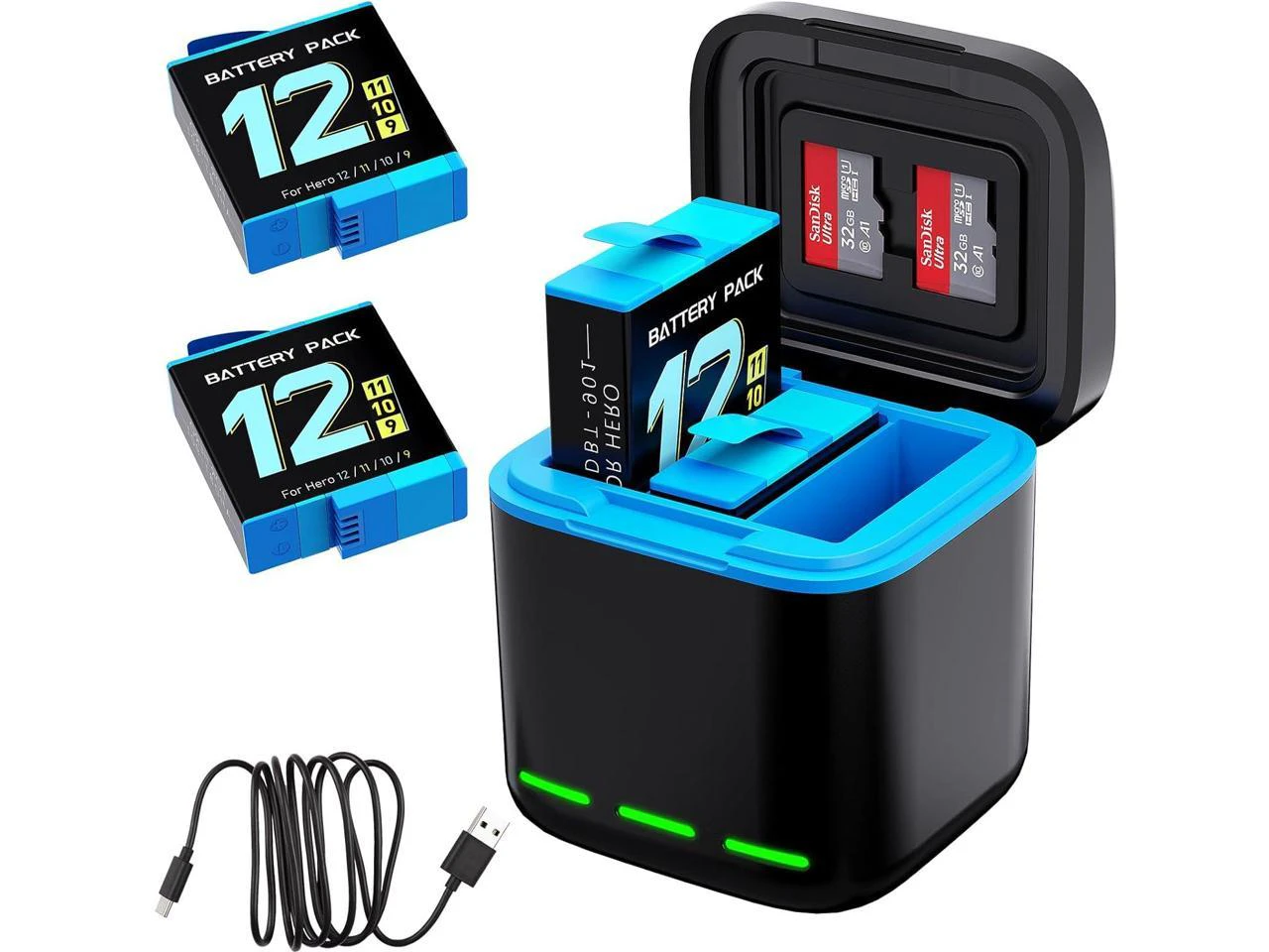 For Gopro Hero 12/11/10/9 Battery 2-Pack 1750mAh and USB Storage 3-Channel Fast Charger For GoPro Hero 12 11 10 9 Black Official with Micro SD Card Slot