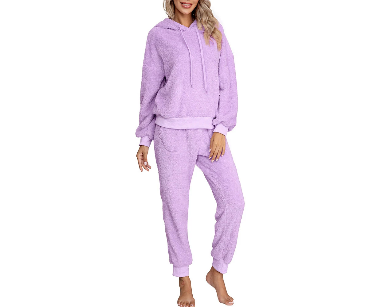 Women Autumn Plush Fluffy Sweatshirt Hoodie Long Pant Trouser Homewear Outfit-Purple