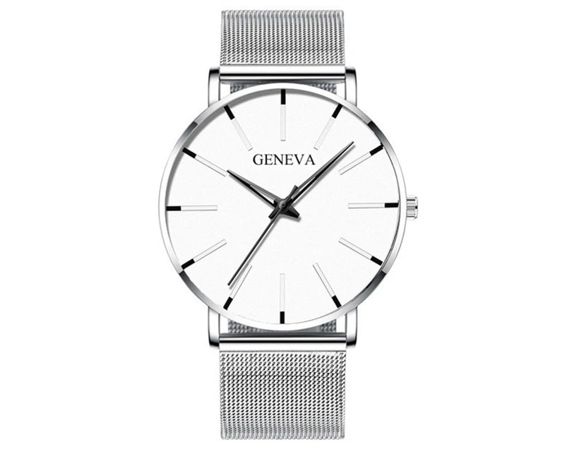 Men's Fashion Minimalist Ultra Thin Watches for Men Simple Business Stainless Steel Mesh Belt Quartz Watch relogio masculino - Mesh Silver White