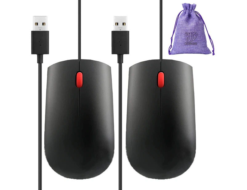 2 Pack USB Computer Mouse Fits Laptops HP ASUS Lenovo Chromebook or Desktop PC - Wired Corded Bulk Mice with Travel Pouch