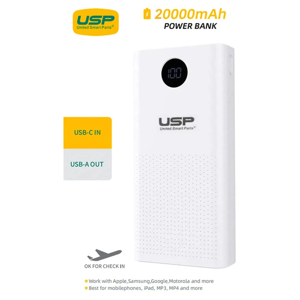 USP 20K mAh Power Bank - White, 2 USB-A Outputs (5W & 10W), 2 USB Input, Digital Display, Comfortable Grip