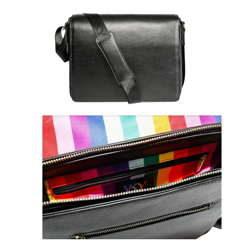 Unisex Vky Konstantine Large Pride Leather Messenger Shoulder Bag Handbag Black Rainbow Leather