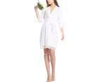 Women Sexy V Neck Lace Patchwork 3/4 Sleeve Dress Waist Belt Robe Sleepwear-Light Green