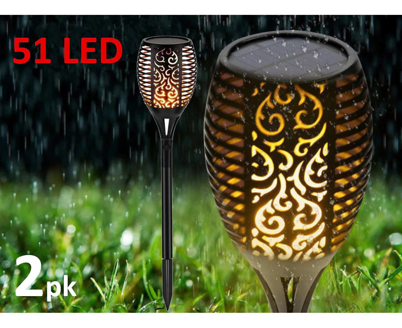 2pk Big 51 LED Solar Lights Garden Outdoor Flame Flickering Spike Torch Lights Waterproof