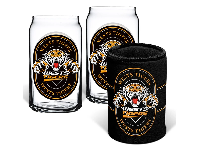 Wests Tigers NRL Set of 2 Can Shaped Glasses and Can Cooler Gift Set