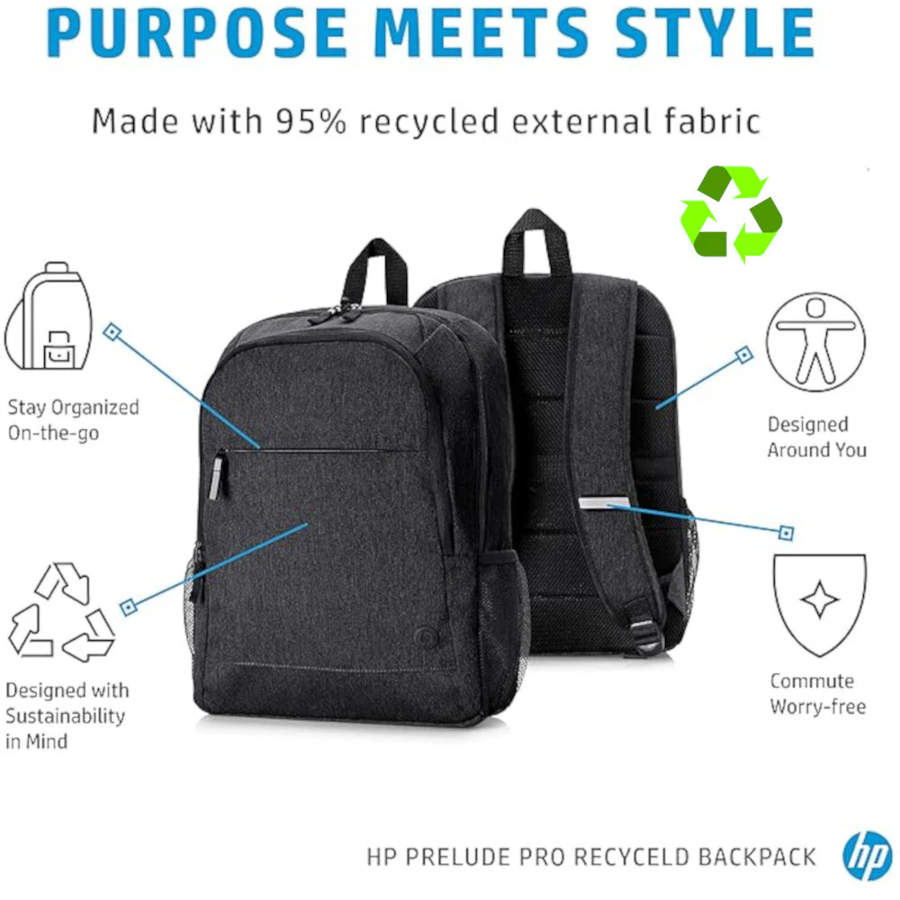 HP Prelude Pro Recycled 15.6-inch Backpack, Black, water-resistant coating | New