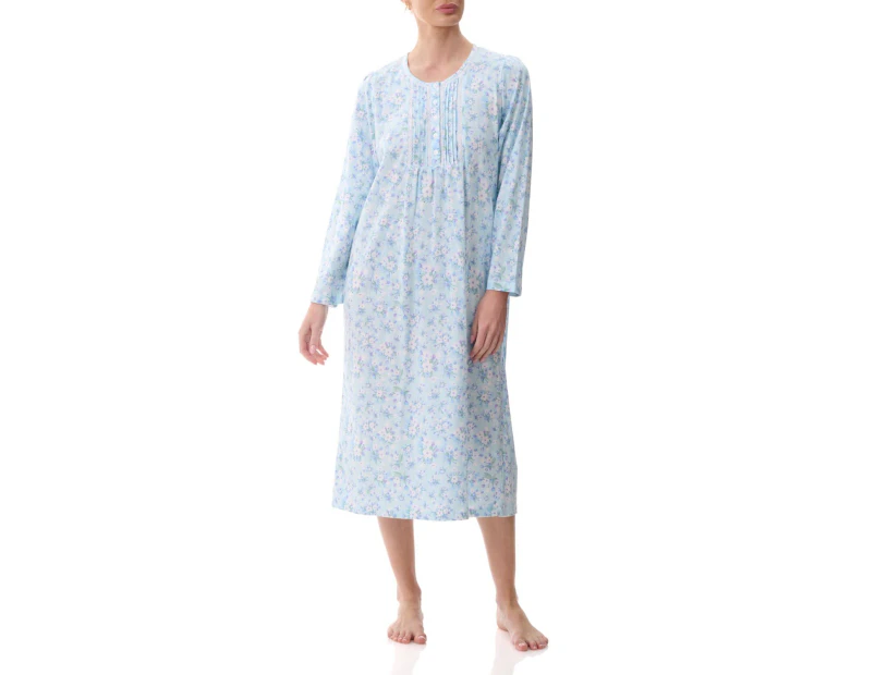 Ladies Givoni Cotton Mid Length Mint Blue Floral Print Nightie PJS (Betsy 23B) - Cream