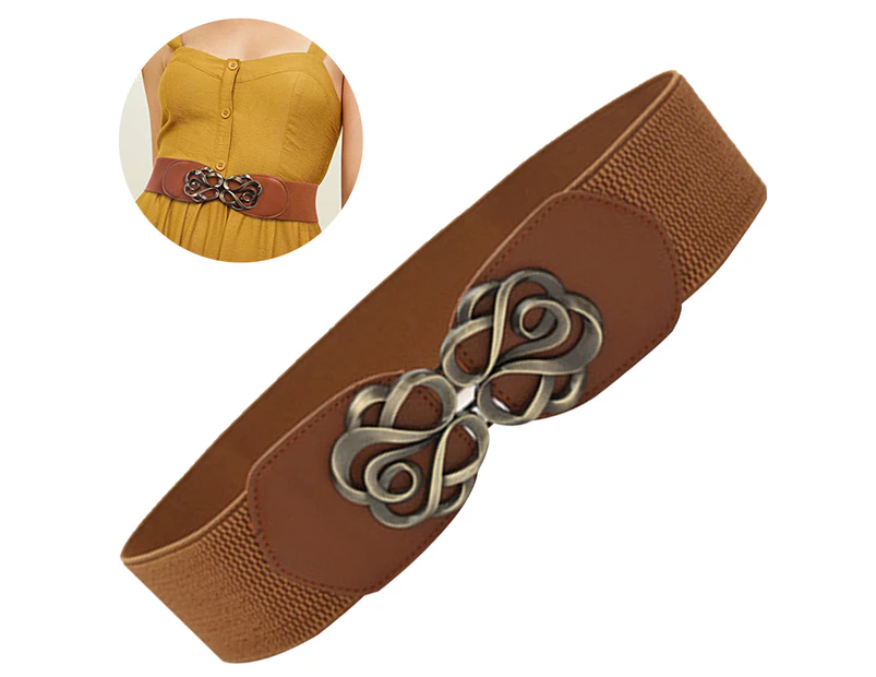 1 pcs Women Stretchy Vintage Dress Belt Elastic Waist Cinch Belt Rose flower type double buckle belt - Brown
