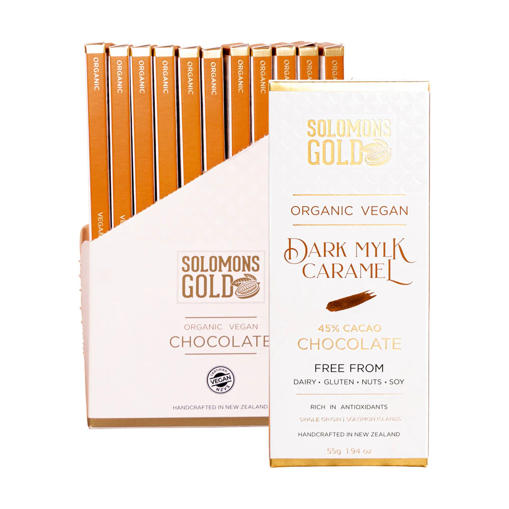 Solomons Gold Organic Vegan Dark Mylk Caramel Chocolate (45% Cacao) 55g X 12 Display