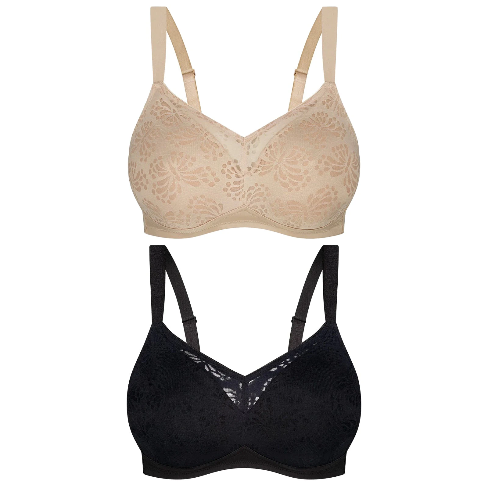 2 Pack Triumph Lacy Wire Free Minimiser Womens Wireless Bras Black Beige Bulk