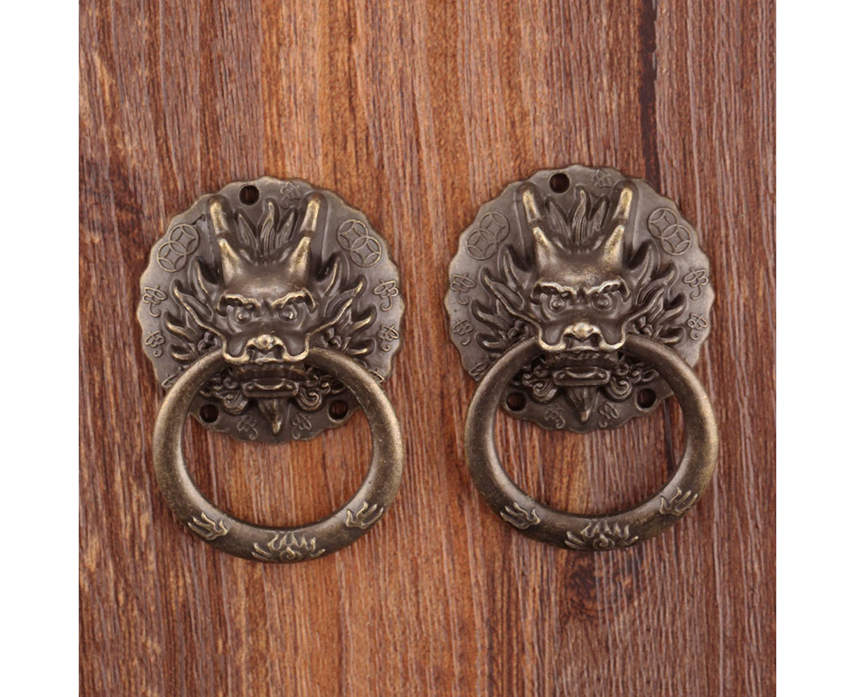 2Pcs Vintage Dragon Head Cabinet Wardrobe Furniture Drawer Pull Handle Knob Ring Bronze